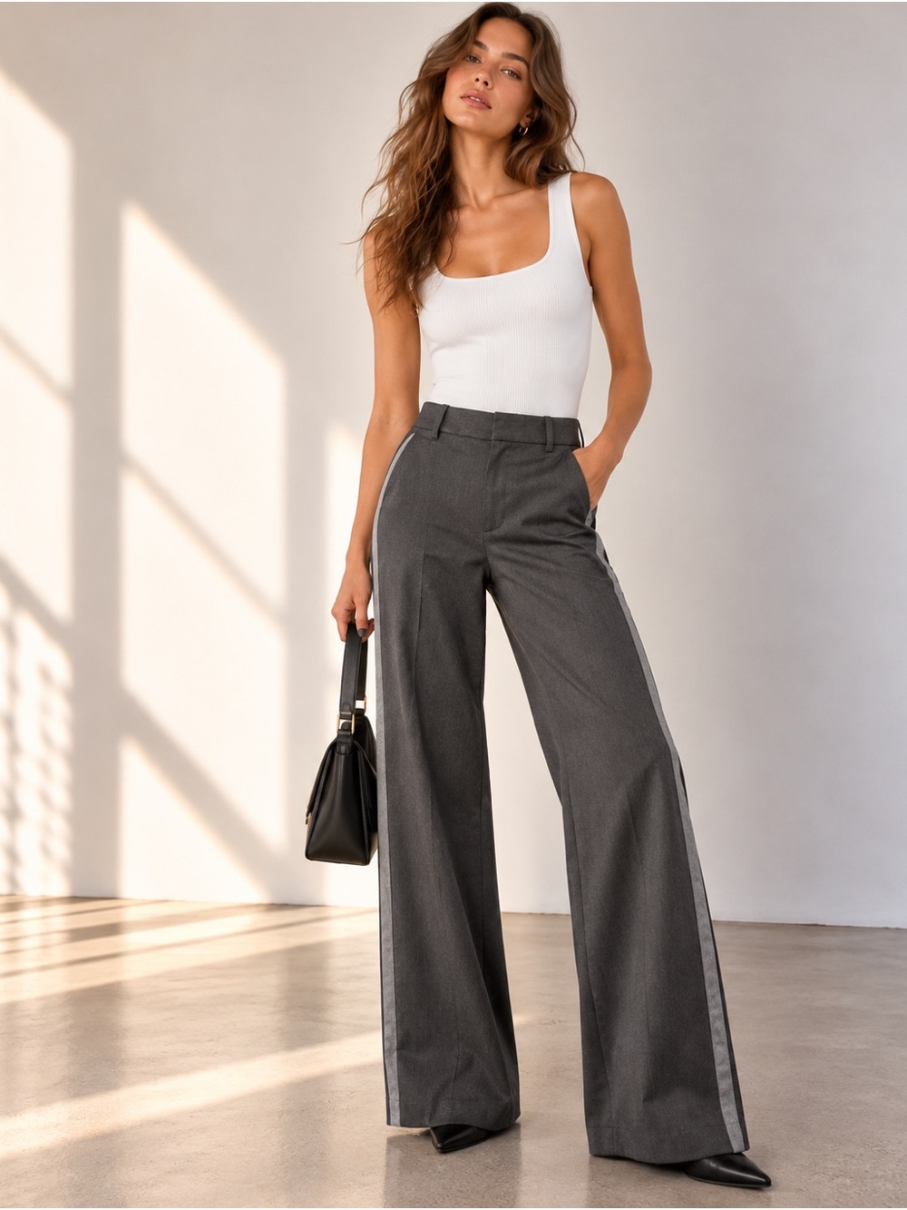Alice + Olivia Classics Grey Side Stripe Wide Leg Full Length Trousers Size 12